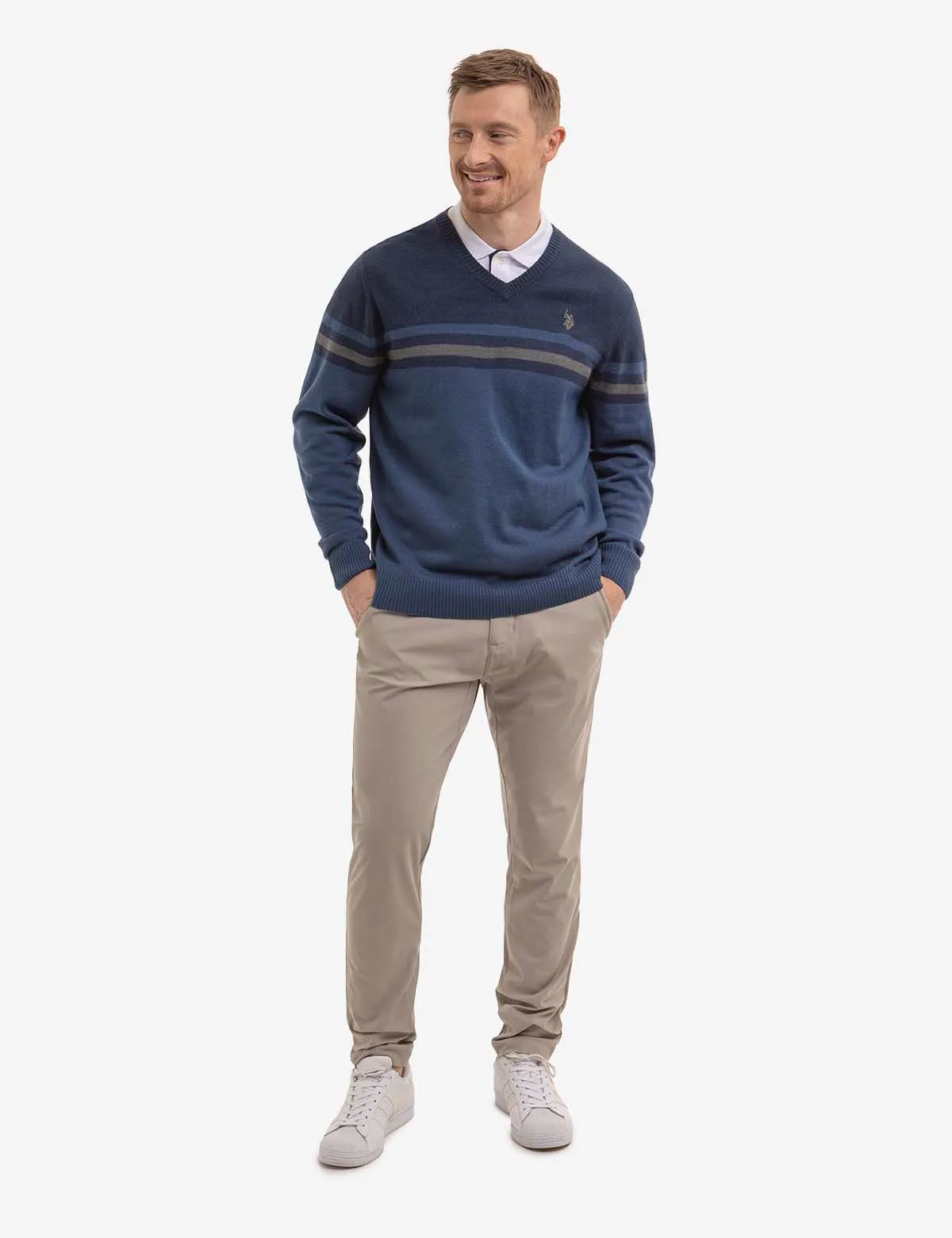 SOFT ENGINEERED STRIPE V-NECK SWEATER