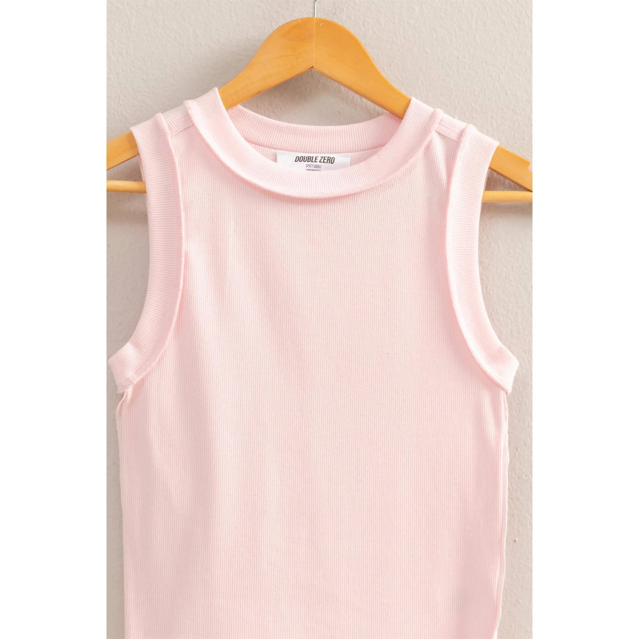 Soft Pink Blue Round Neck Ribbed Tank Top