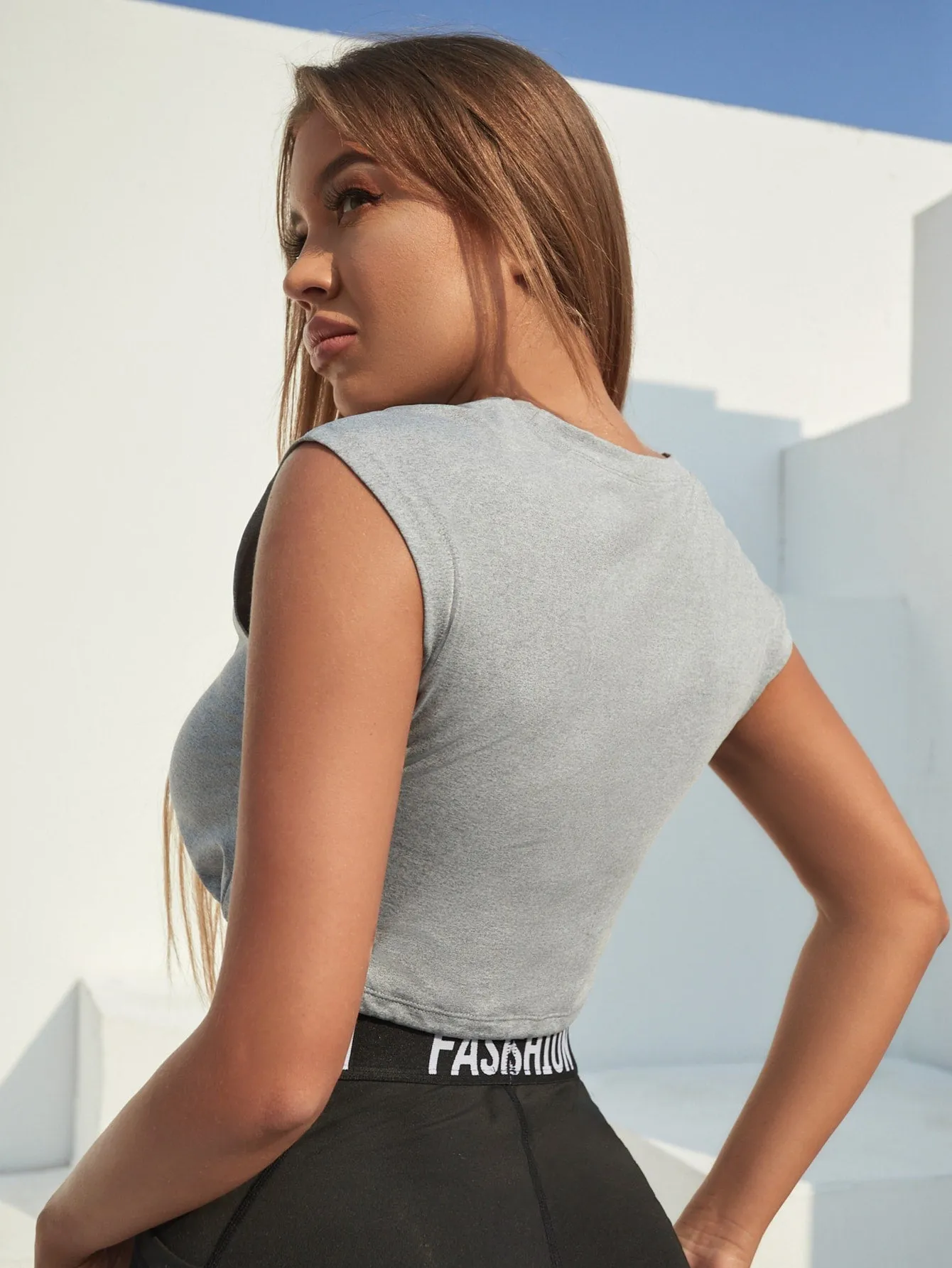 Solid Drawstring Hem Breathable Softness Crop Sports Tank