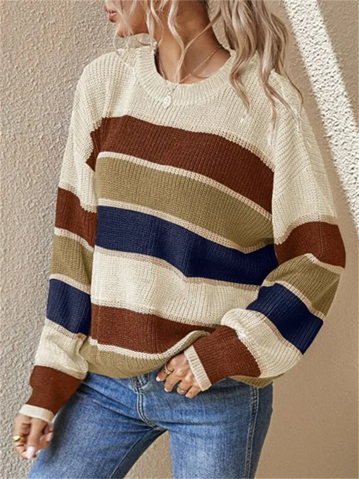 Stripe Contrast Color Round Neck Sweaters