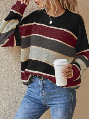 Stripe Contrast Color Round Neck Sweaters