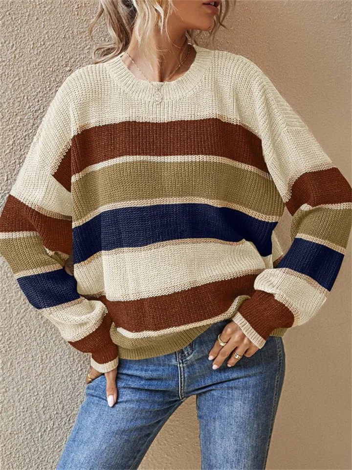 Stripe Contrast Color Round Neck Sweaters