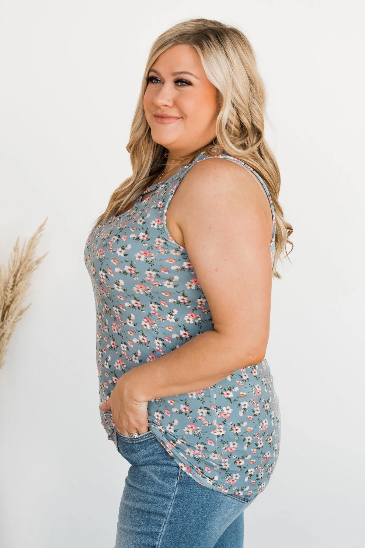 Sunny Smiles Floral Criss-Cross Tank Top- Denim Blue