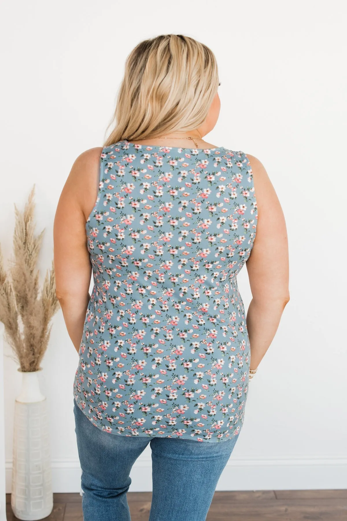Sunny Smiles Floral Criss-Cross Tank Top- Denim Blue