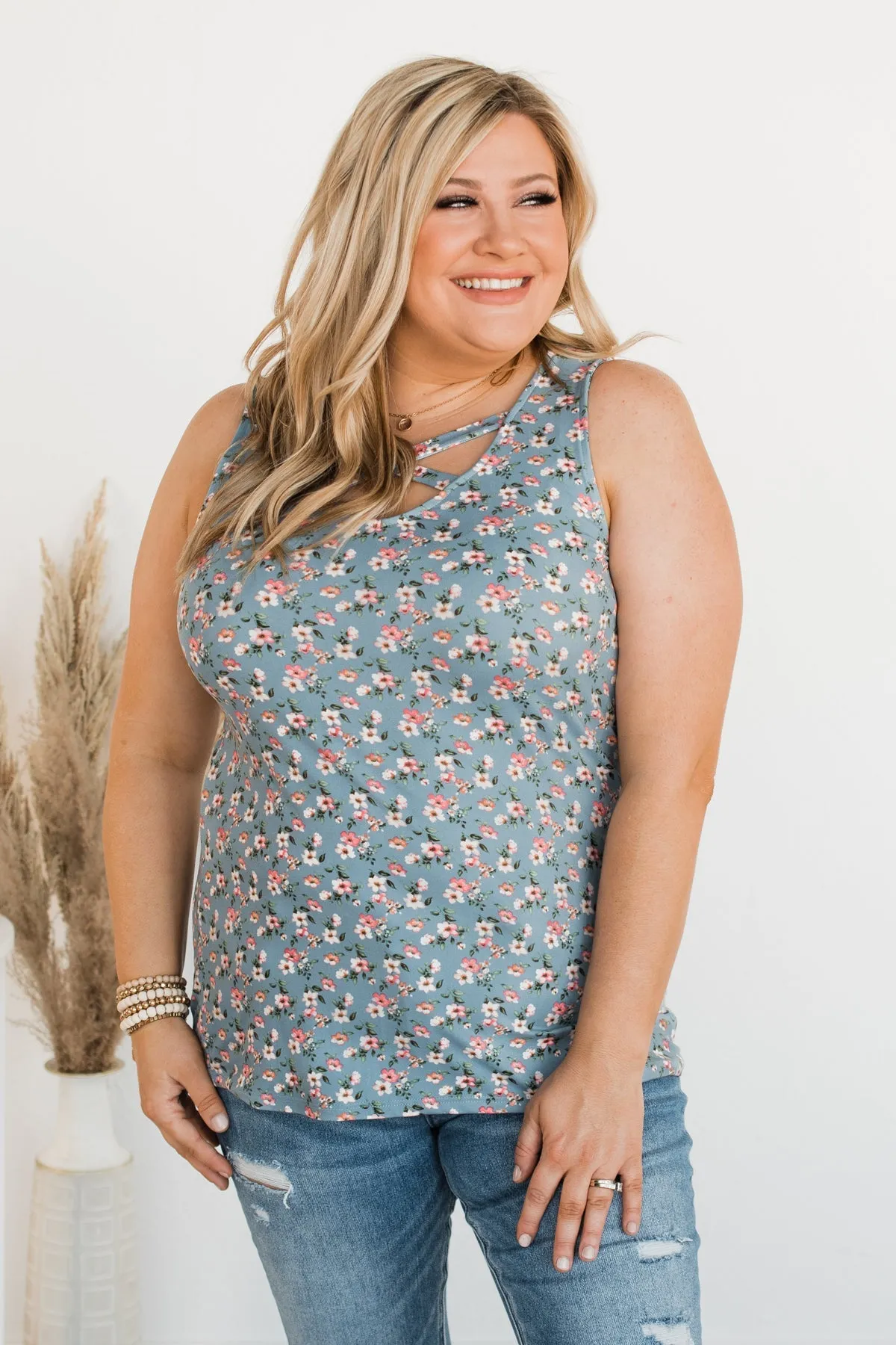 Sunny Smiles Floral Criss-Cross Tank Top- Denim Blue