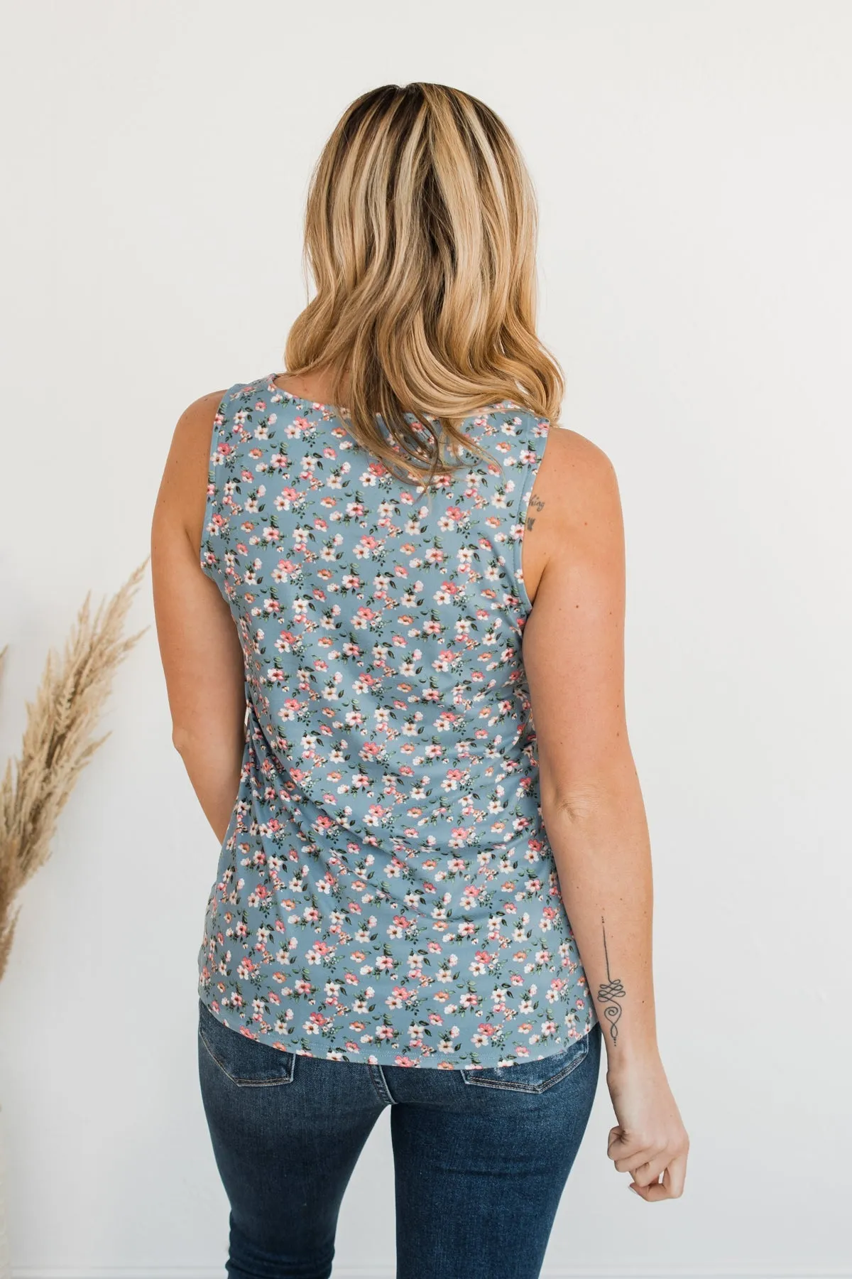 Sunny Smiles Floral Criss-Cross Tank Top- Denim Blue
