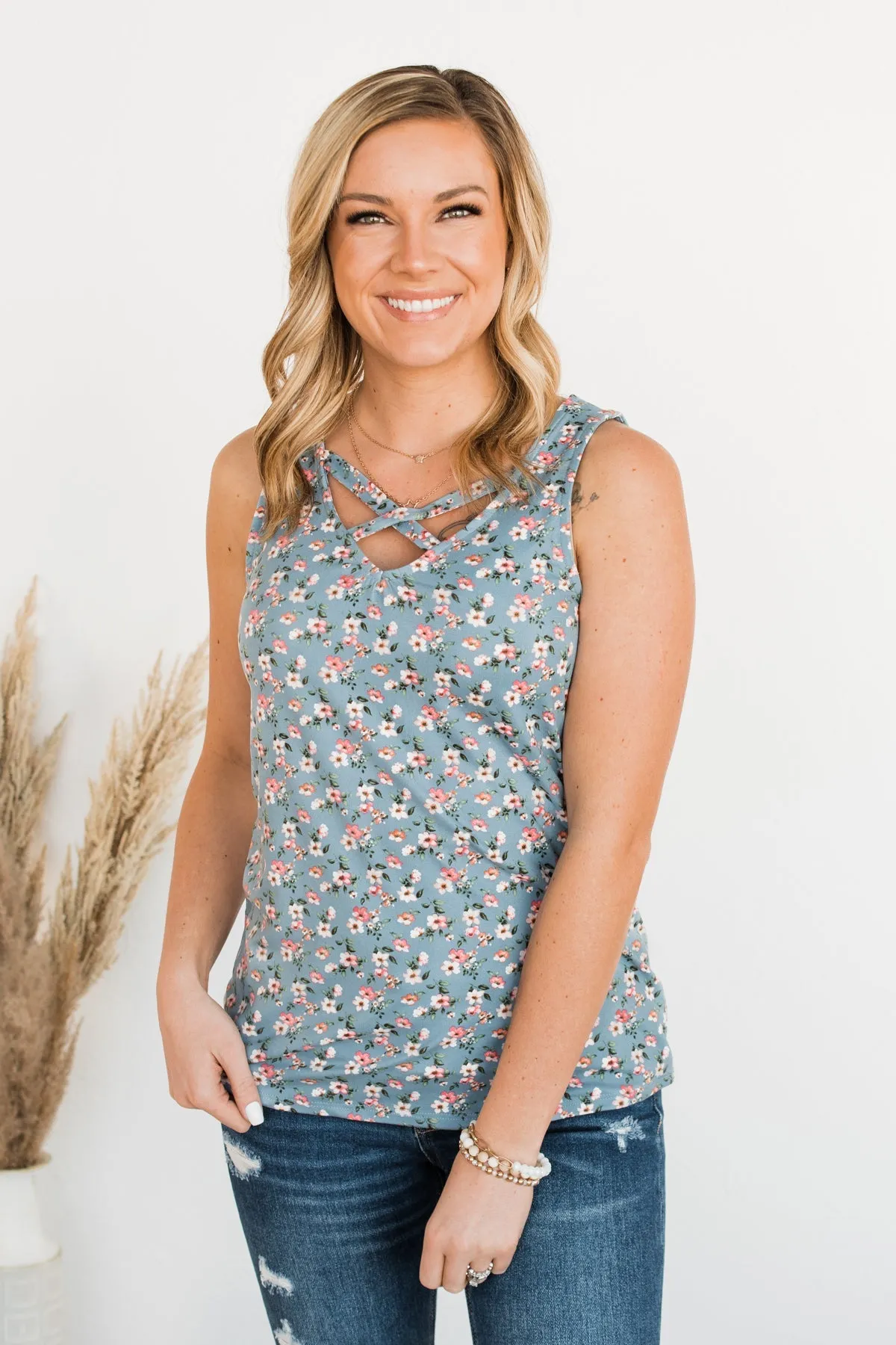 Sunny Smiles Floral Criss-Cross Tank Top- Denim Blue