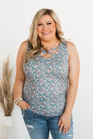 Sunny Smiles Floral Criss-Cross Tank Top- Denim Blue