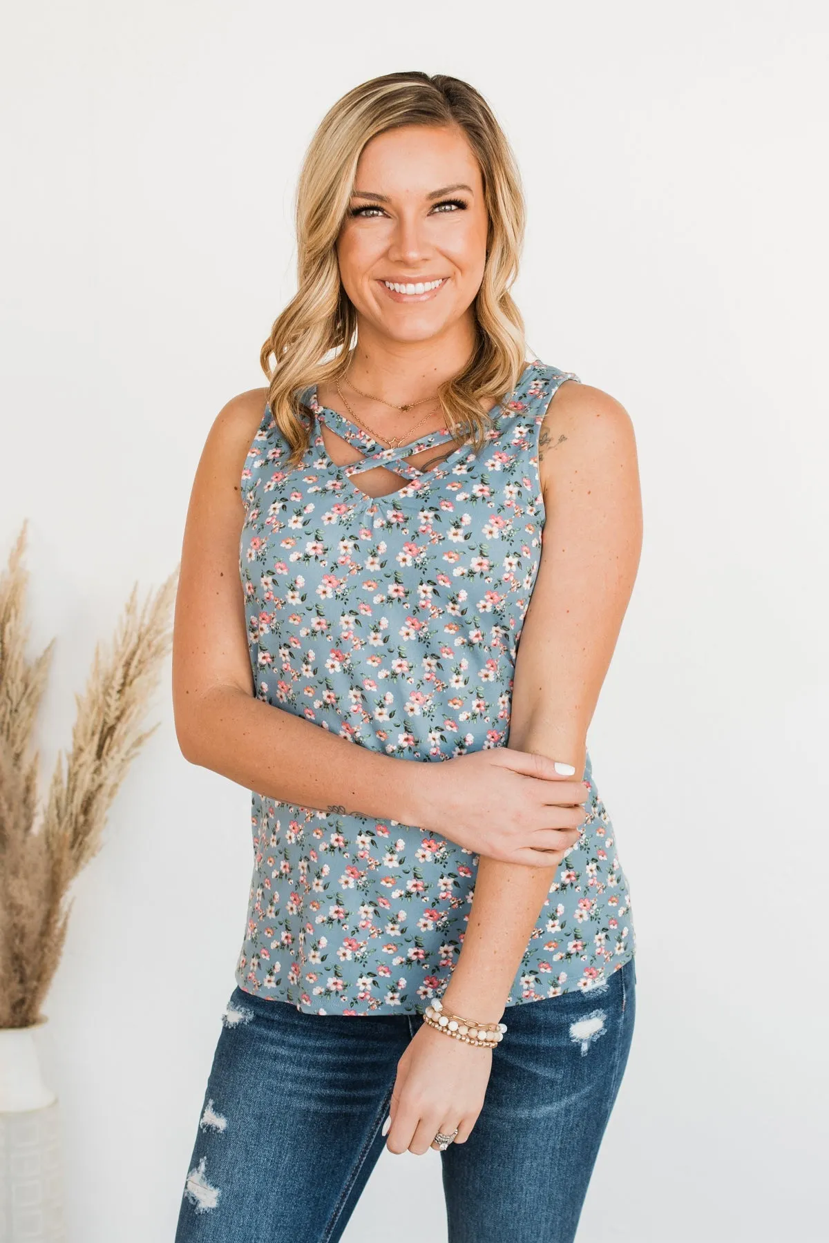Sunny Smiles Floral Criss-Cross Tank Top- Denim Blue