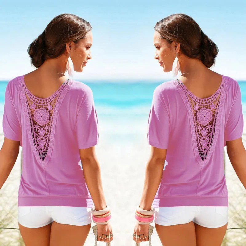 T shirts Women Lace Short Sleeve Casual Tops Fashion Hollow Womens Tops Shirt Plus Size