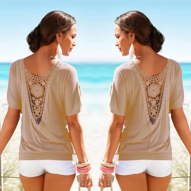 T shirts Women Lace Short Sleeve Casual Tops Fashion Hollow Womens Tops Shirt Plus Size