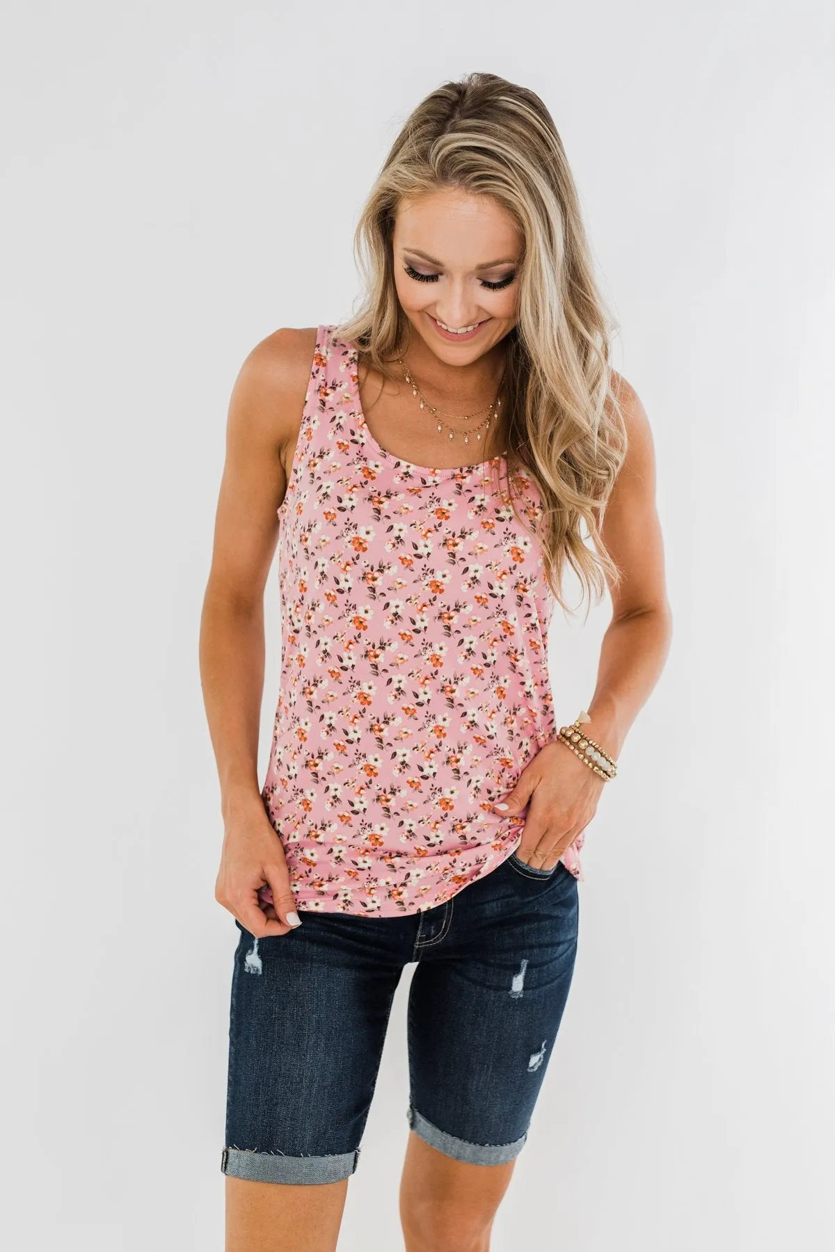 Take Care Floral Tank Top- Pink