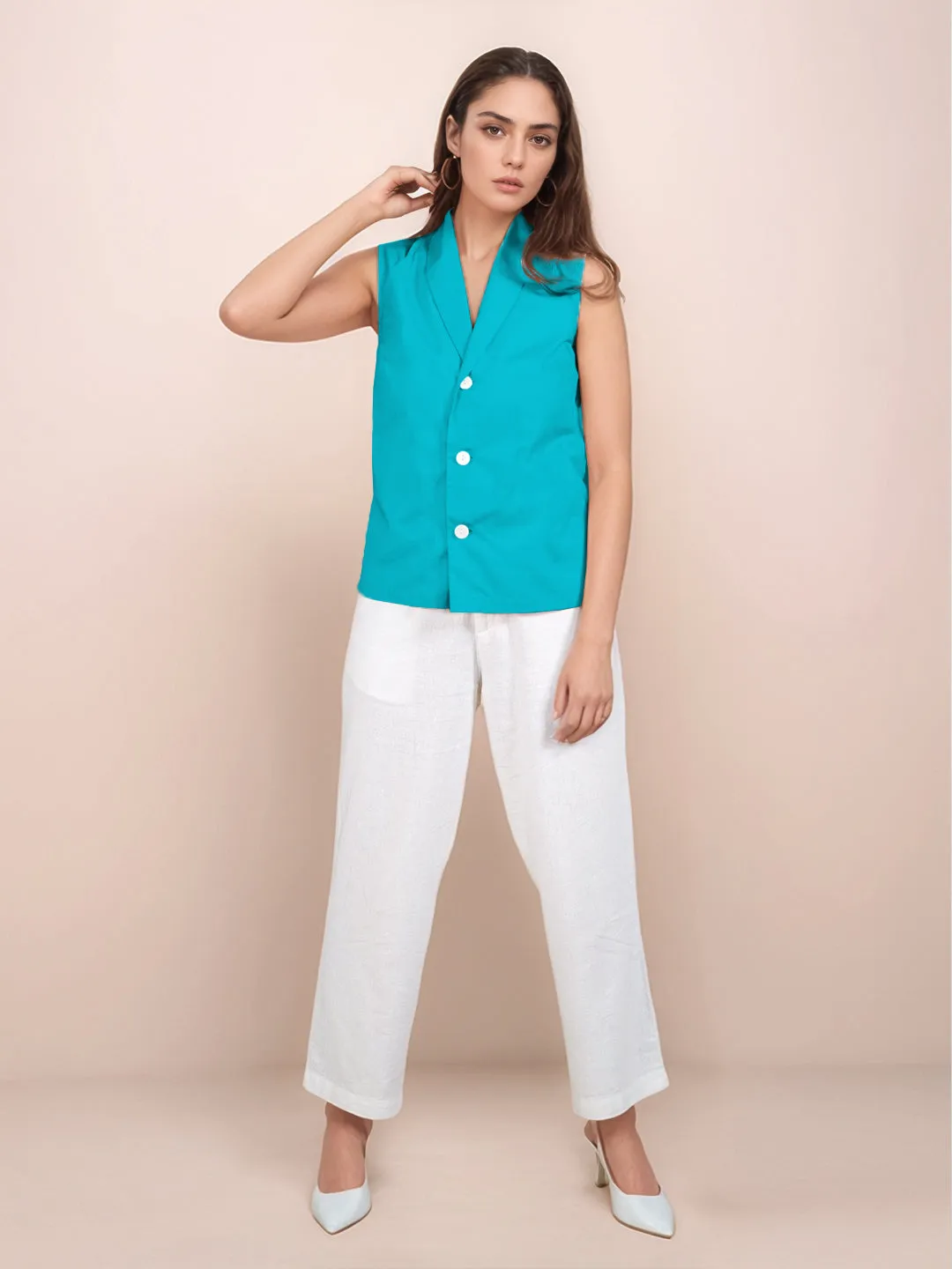 Teal Solid Sleeveless Top
