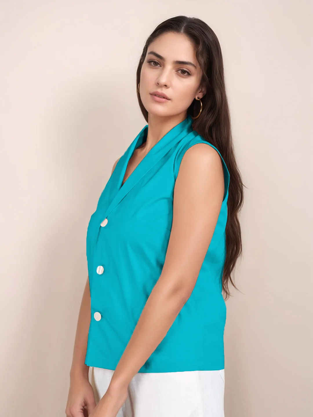Teal Solid Sleeveless Top