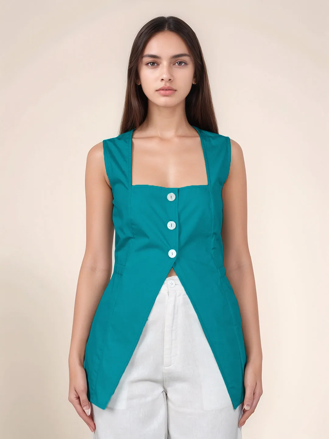Teal Solid Square Neck Top