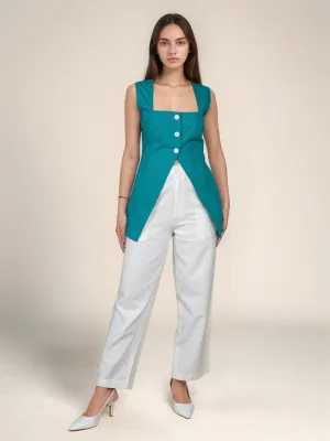 Teal Solid Square Neck Top