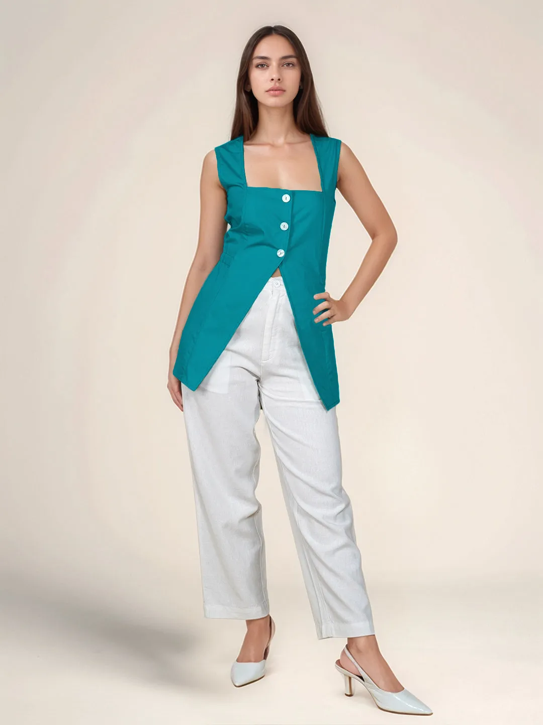 Teal Solid Square Neck Top