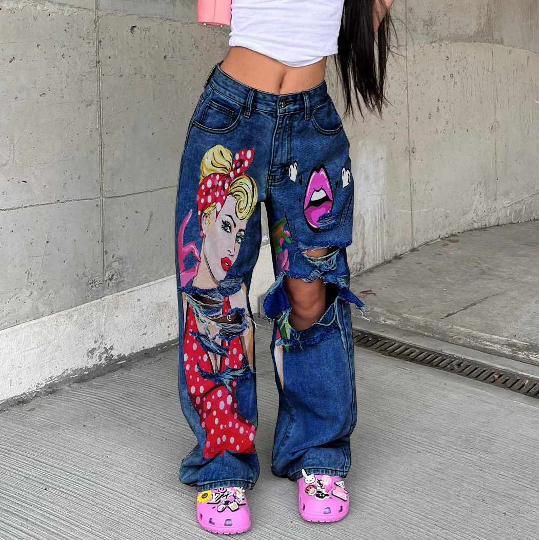 Trendy High-Waist Wide-Leg Jeans with Distressed Printed Details