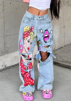 Trendy High-Waist Wide-Leg Jeans with Distressed Printed Details