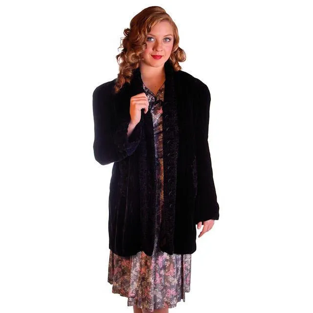 Vintage Black Silk Velvet Evening Coat Trapunto Designs 1940S 42" Bust