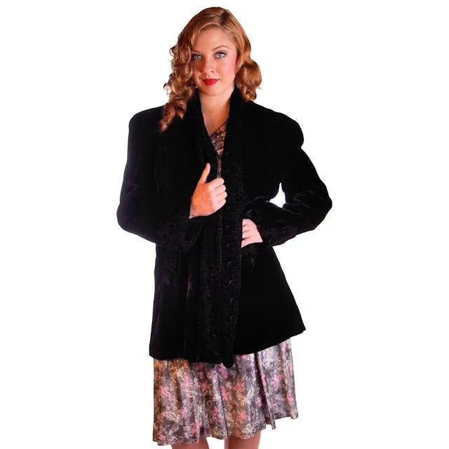 Vintage Black Silk Velvet Evening Coat Trapunto Designs 1940S 42" Bust