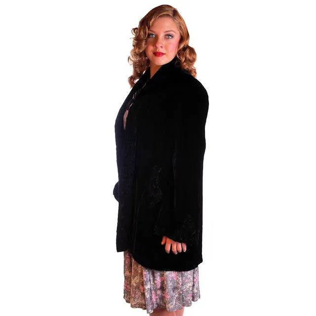Vintage Black Silk Velvet Evening Coat Trapunto Designs 1940S 42" Bust