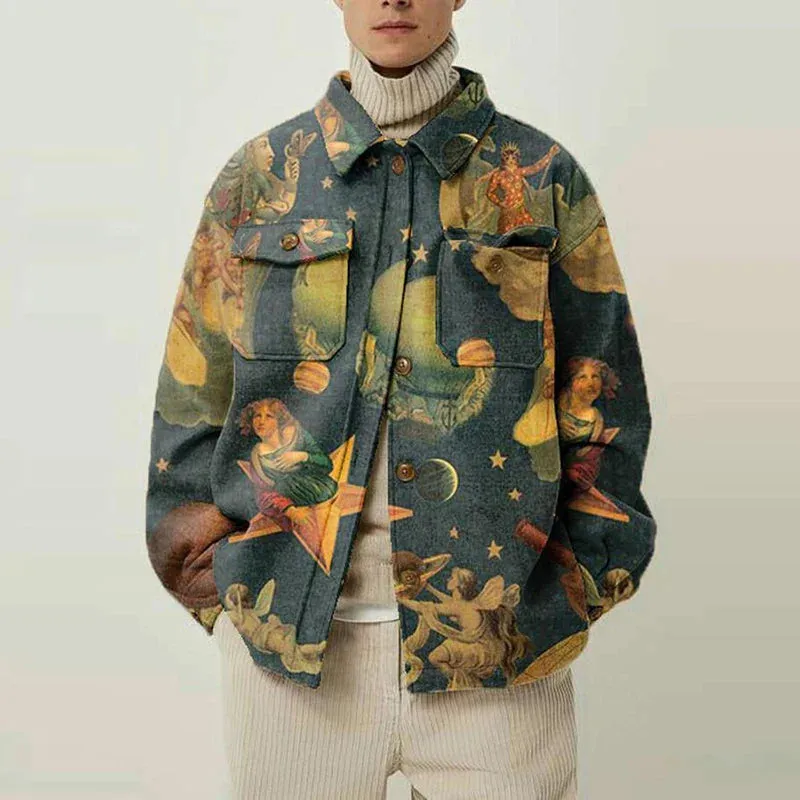 Vintage Buttoned Woolen Coats for Men: Autumn Streetwear with Print
