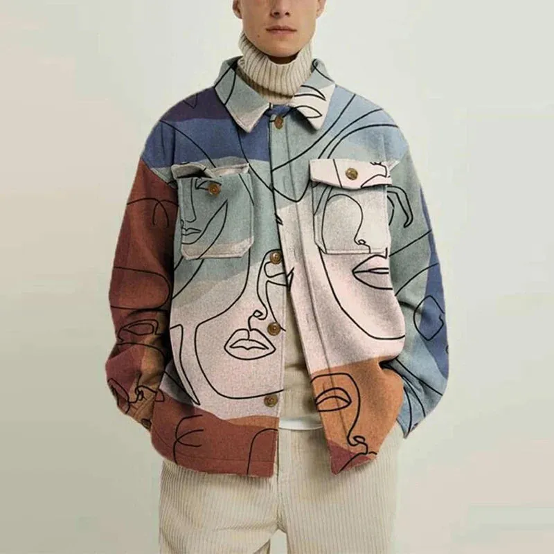 Vintage Buttoned Woolen Coats for Men: Autumn Streetwear with Print
