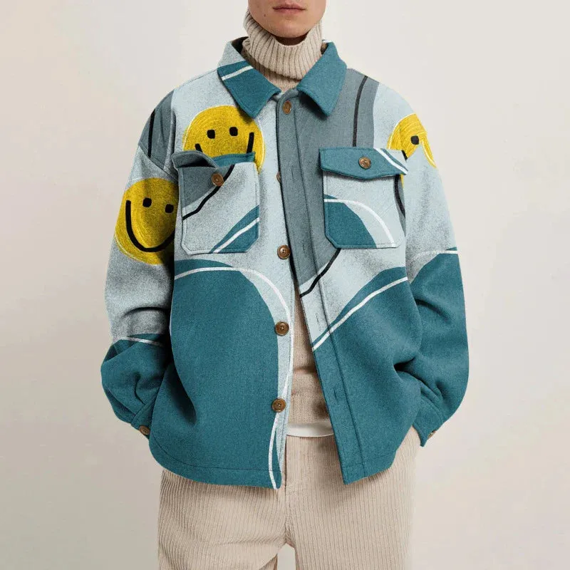 Vintage Buttoned Woolen Coats for Men: Autumn Streetwear with Print