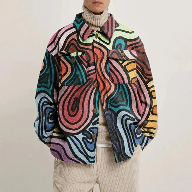 Vintage Buttoned Woolen Coats for Men: Autumn Streetwear with Print