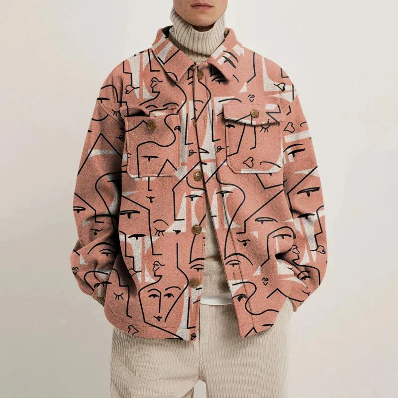 Vintage Buttoned Woolen Coats for Men: Autumn Streetwear with Print