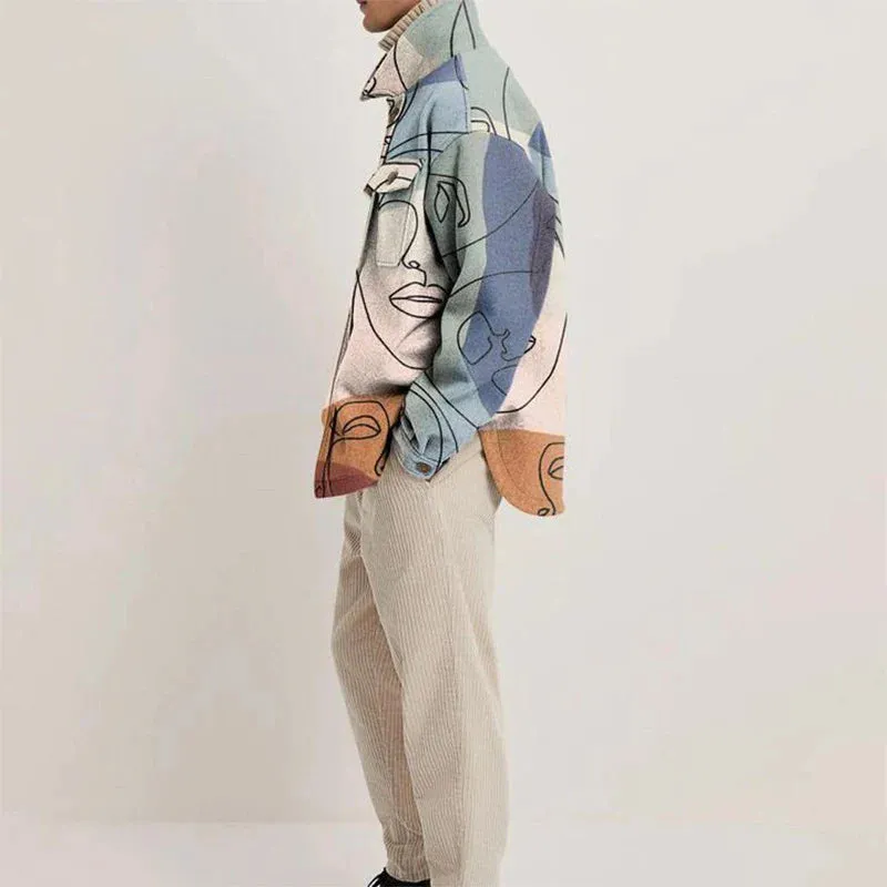 Vintage Buttoned Woolen Coats for Men: Autumn Streetwear with Print