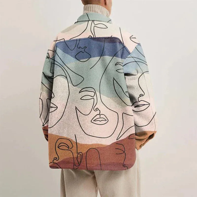 Vintage Buttoned Woolen Coats for Men: Autumn Streetwear with Print