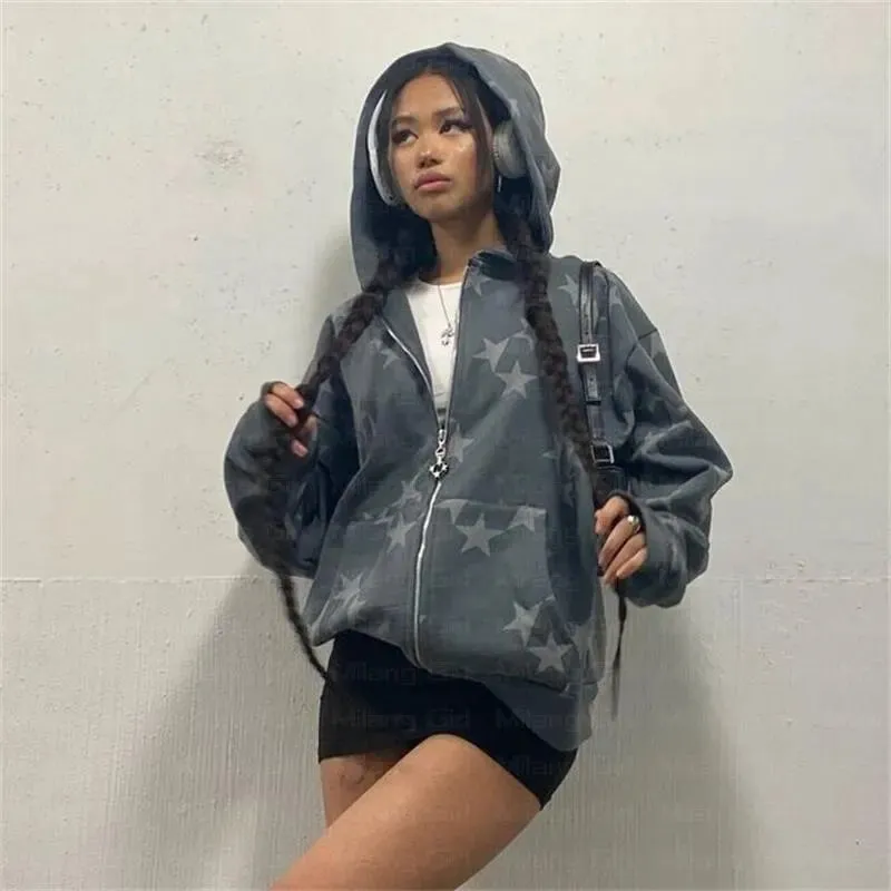 vintage Fashion star graphic fairy grunge Men Women Long-sleeved Zip Hoodie Jacket OverSize Streetwear Y2K clothes emo Pullover