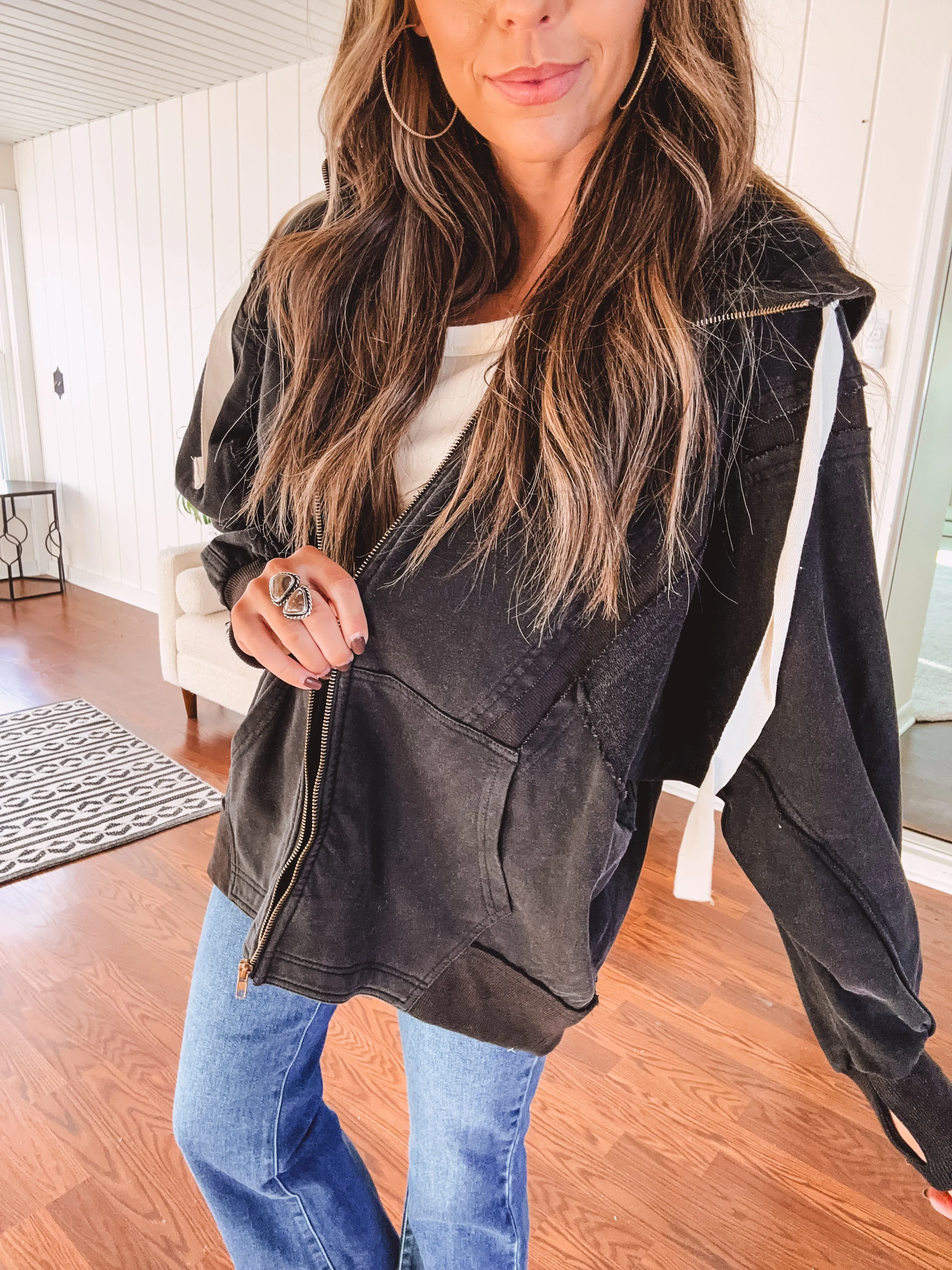 Washed Black Zip Up Hooded Jacket