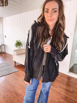 Washed Black Zip Up Hooded Jacket
