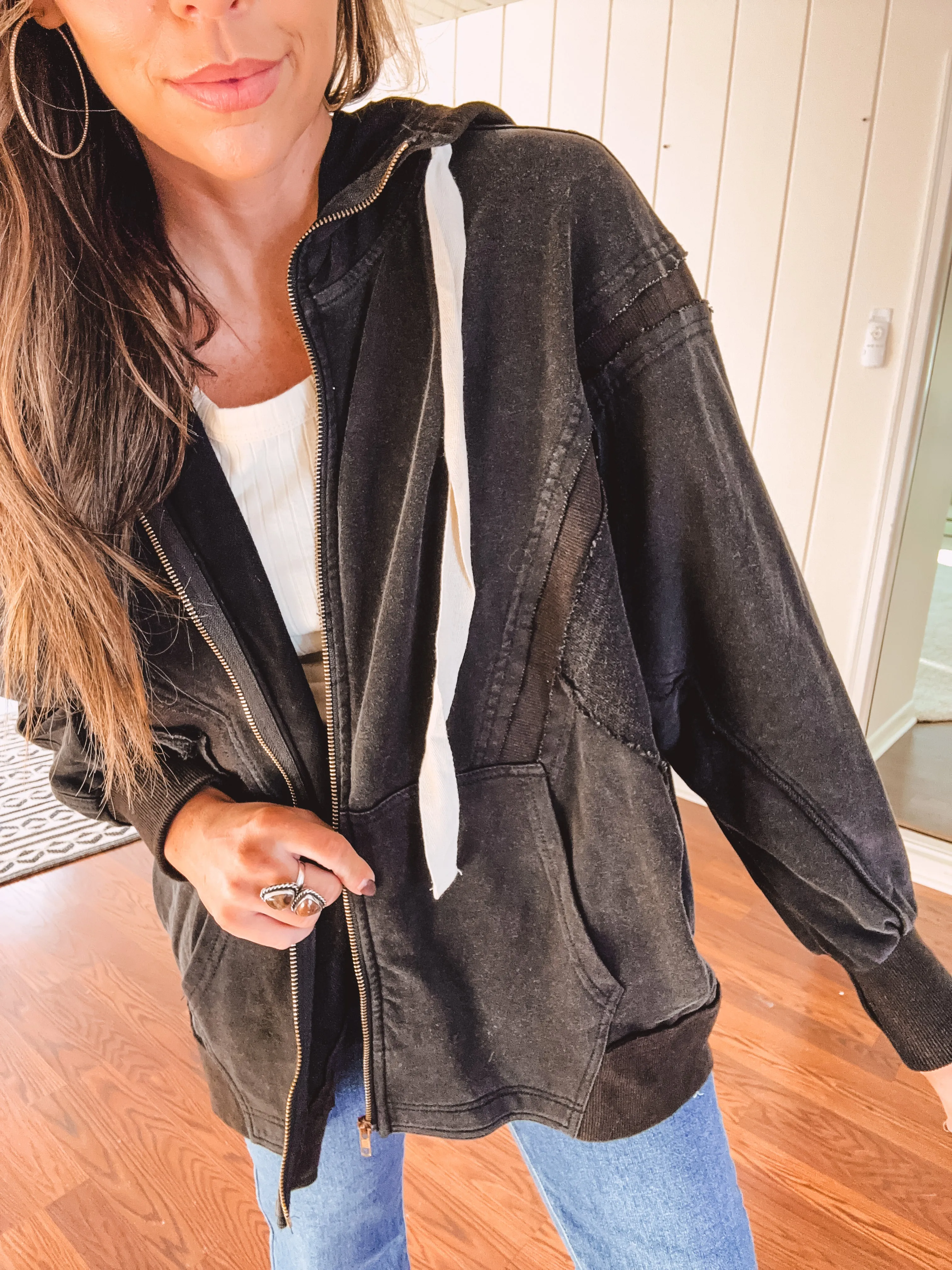 Washed Black Zip Up Hooded Jacket