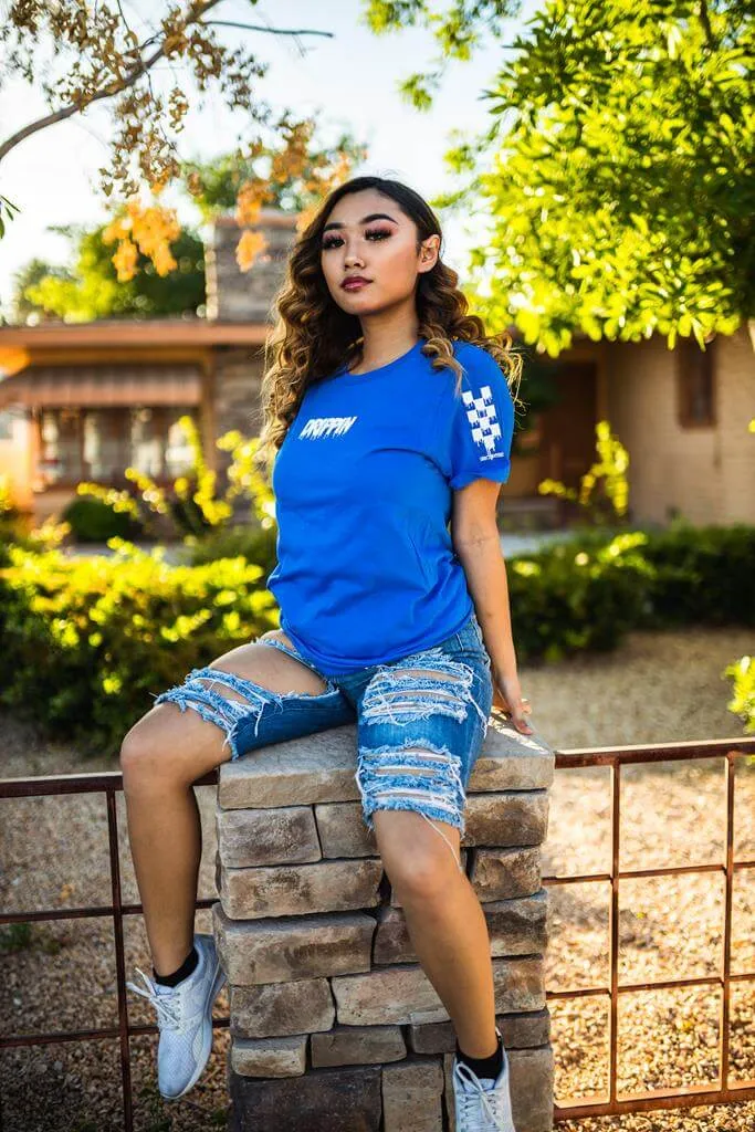 White Drippin (S) | Blue Tee (Solid Checkered Drippin Sleeves)