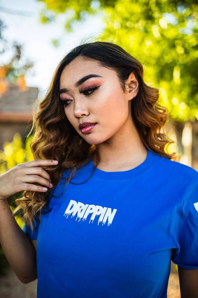 White Drippin (S) | Blue Tee (Solid Checkered Drippin Sleeves)
