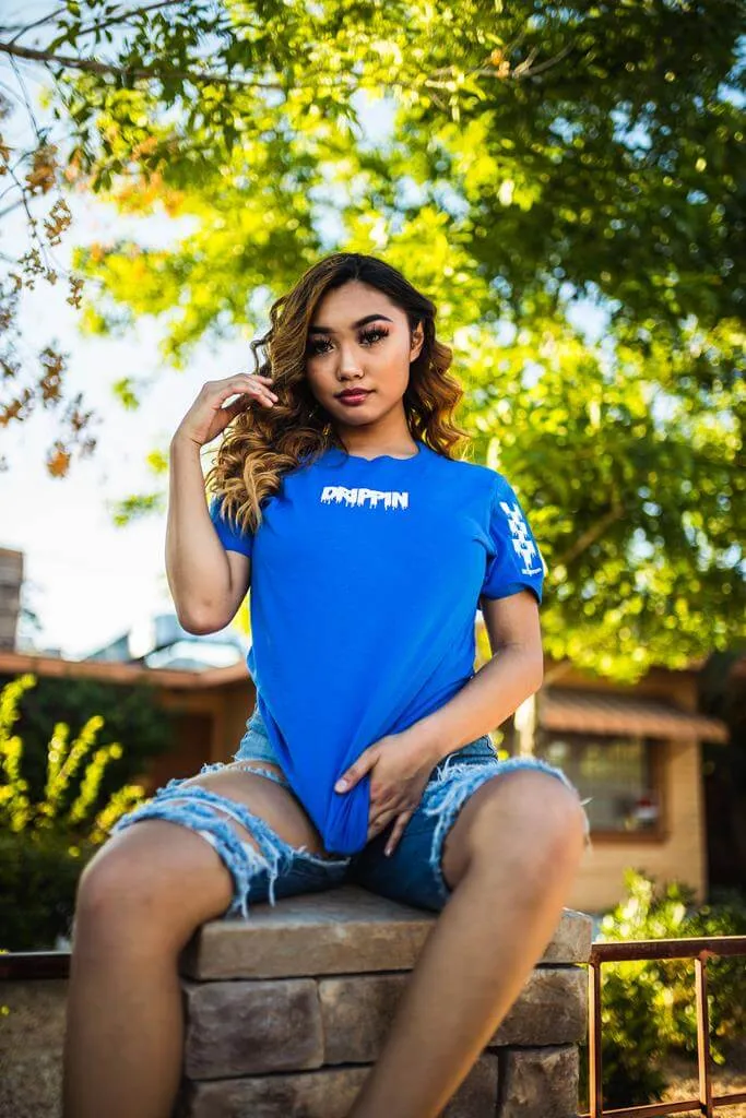 White Drippin (S) | Blue Tee (Solid Checkered Drippin Sleeves)
