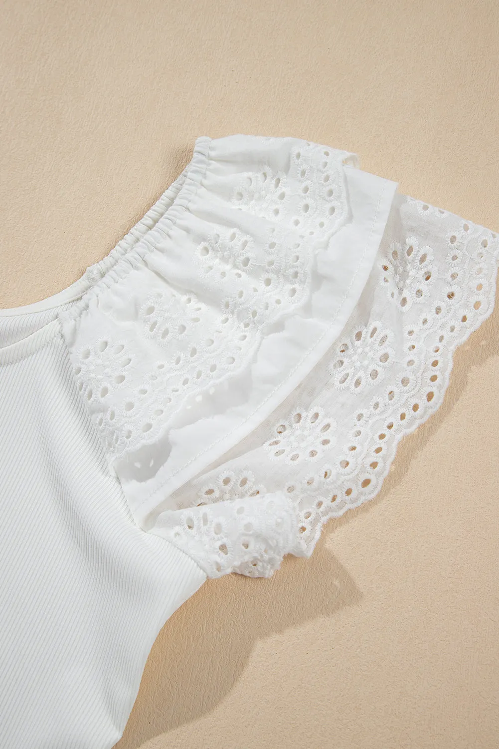White Eyelet Ruffle Sleeve Slim Fitted Top