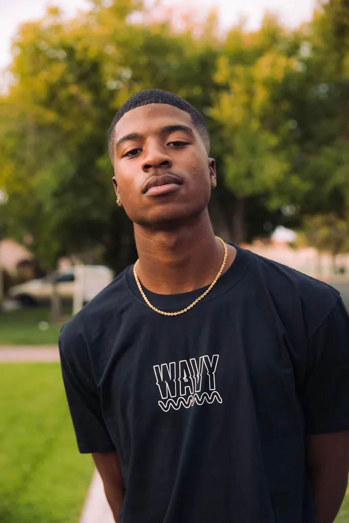 White Outline WAVY (S) | Black Tee