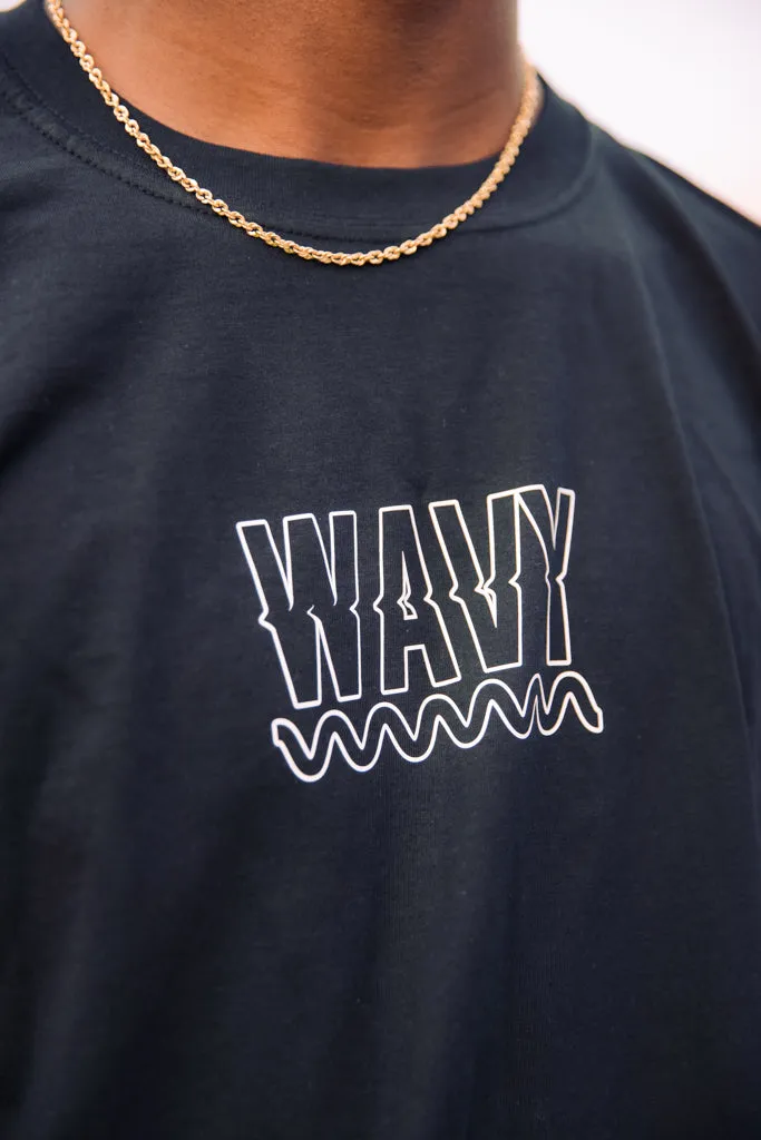 White Outline WAVY (S) | Black Tee