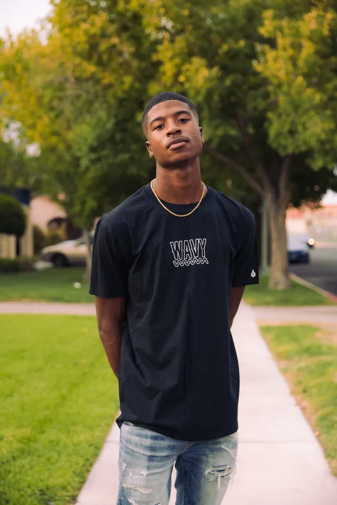 White Outline WAVY (S) | Black Tee