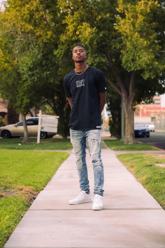 White Outline WAVY (S) | Black Tee