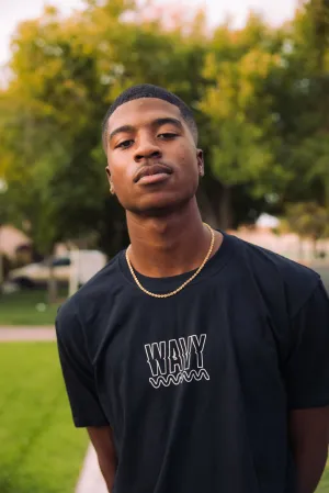 White Outline WAVY (S) | Black Tee