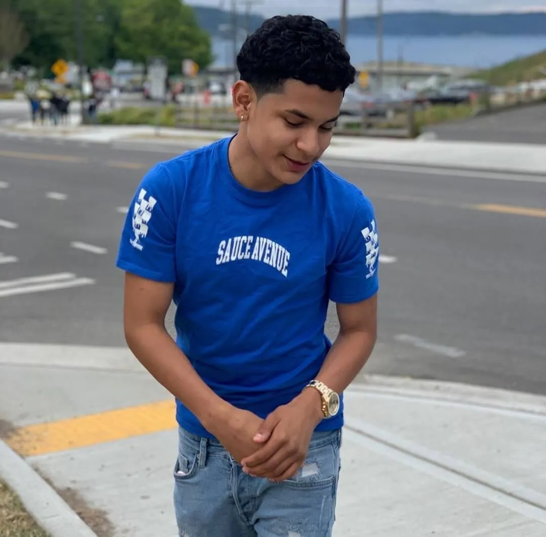 White SA Curve | Blue Tee (Solid Checkered Drippin Sleeve)