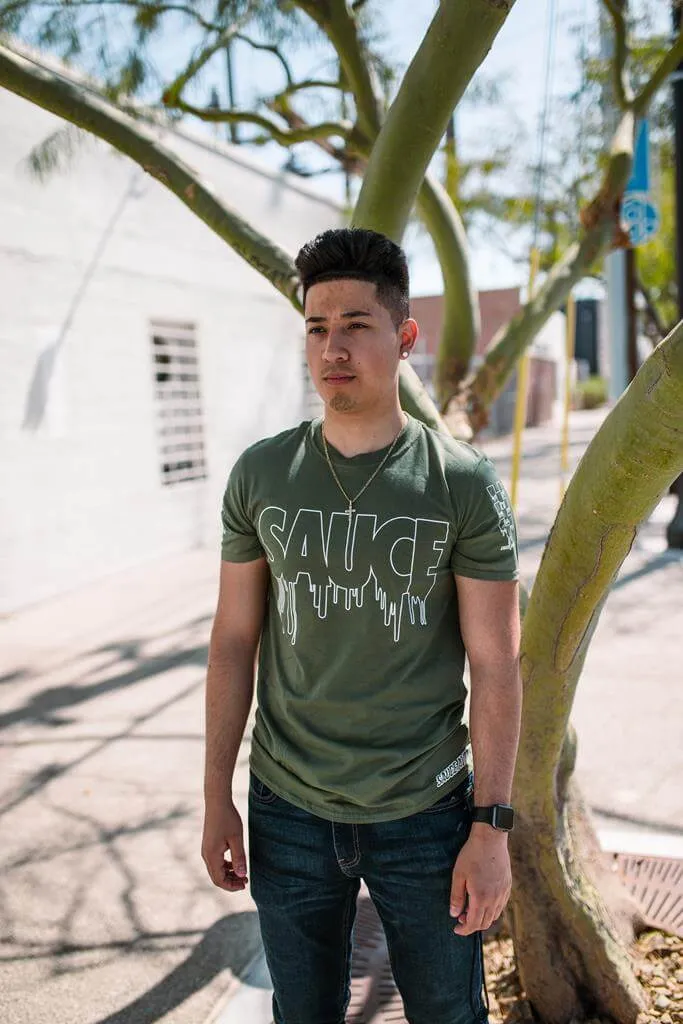 White Sauce Outline | Olive Tee (Outline Checkered Drippin Sleeves)