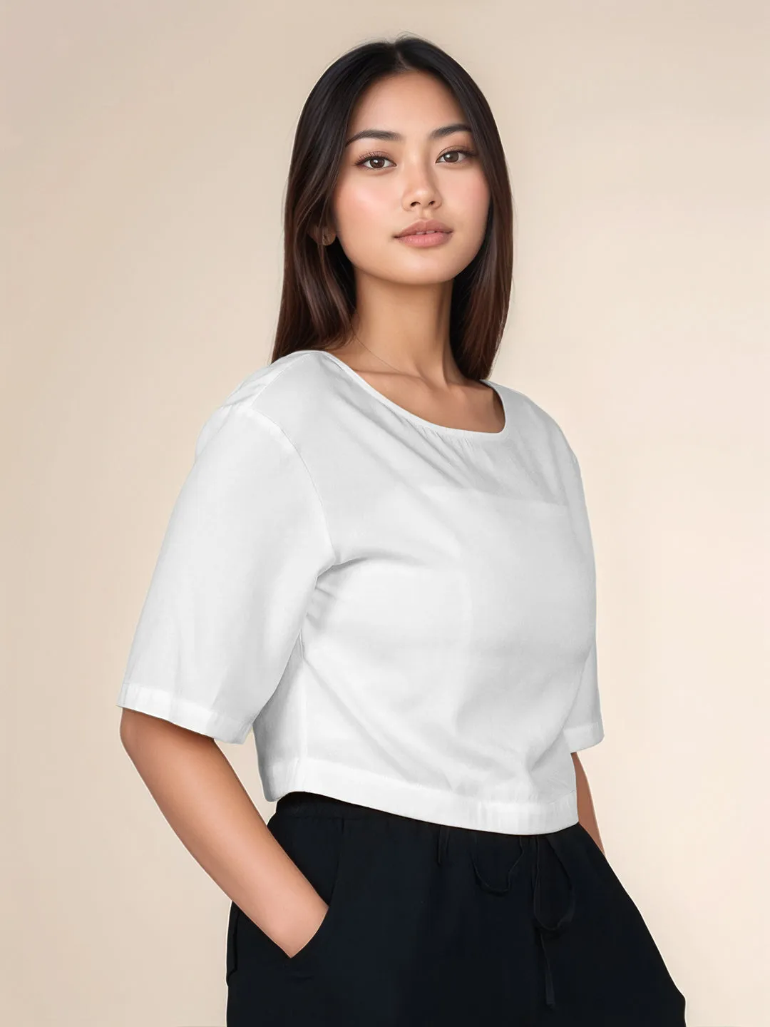 White Solid Round Neck Crop Top