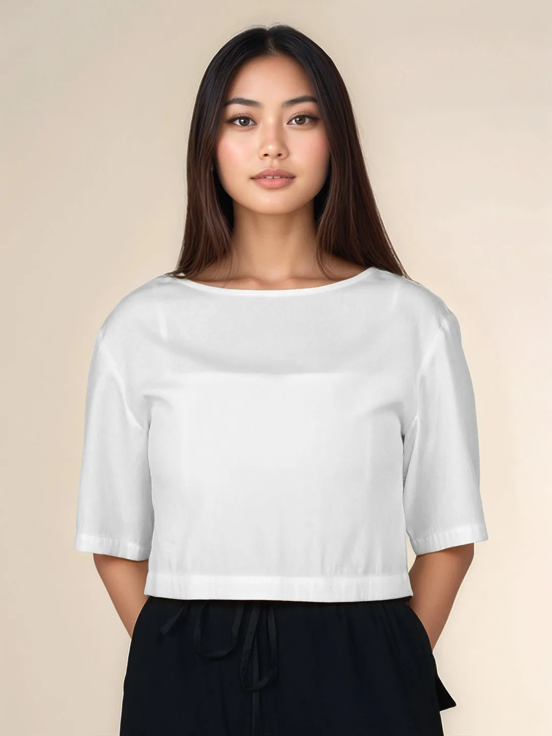 White Solid Round Neck Crop Top